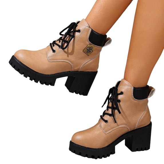 EKVAHL Women's Lace‑Up Combat Boots, Faux Synthetic Platform Booties, Chunky Block Heel Ankle Boots for Outdoor Street Wear Brown