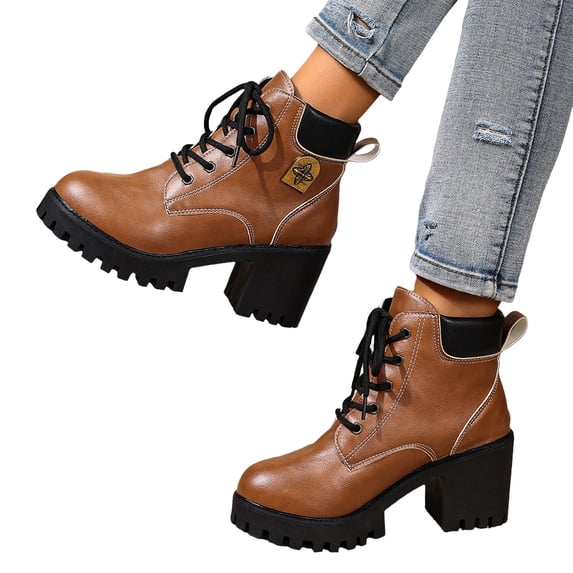 EKVAHL Women's Lace‑Up Combat Boots, Faux Synthetic Platform Booties, Chunky Block Heel Ankle Boots for Outdoor Street Wear Brown