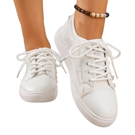 EKVAHL Women's Lace Up Mesh Sneakers, Cushioned Mesh Tennis Shoes, Insole Office Daily Walking Shoes White
