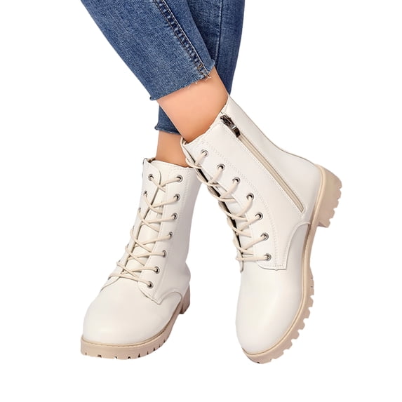 EKVAHL Women's Lace‑Up Mid Calf Boots, Faux Leather Low Block Heel Boots, Round Toe Solid Fashion Boots for Daily Commute Fall Street Beige