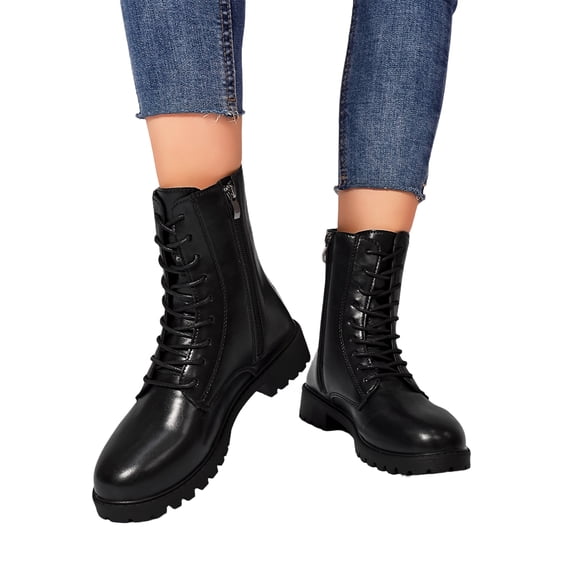 EKVAHL Women's Lace‑Up Mid Calf Boots, Faux Leather Low Block Heel Boots, Round Toe Solid Fashion Boots for Daily Commute Fall Street Black