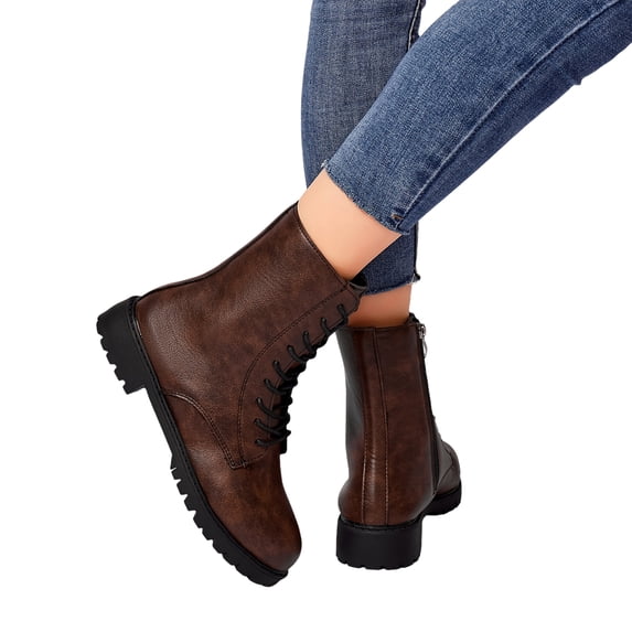 EKVAHL Women's Lace‑Up Mid Calf Boots, Faux Leather Low Block Heel Boots, Round Toe Solid Fashion Boots for Daily Commute Fall Street Brown