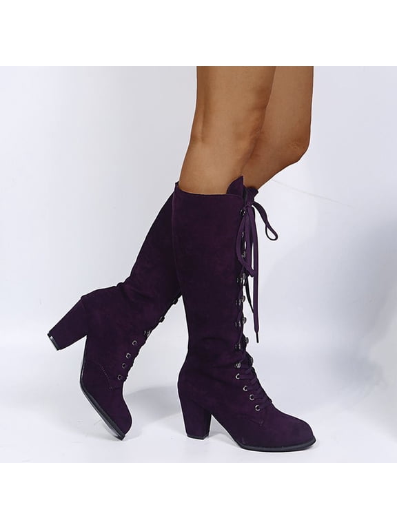Women's Lace Up Mid Calf Boots, Faux Suede Block Heel Cowgirl Boots, Round Toe Retro Boots for Street Cosplay Purple
