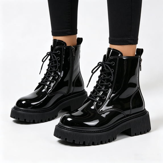 EKVAHL Women's Lace‑Up Platform Ankle Booties, Side Zipper Faux Leather Boots, Lug Sole Fashion Boots For Winter Street Outing Black