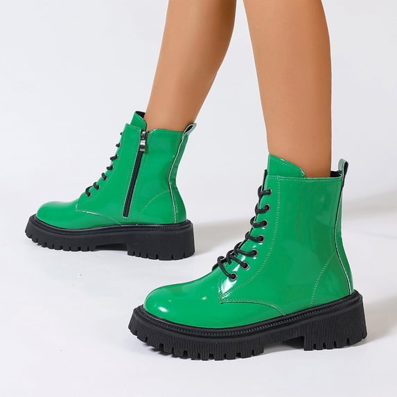 EKVAHL Women's Lace‑Up Platform Ankle Booties, Side Zipper Faux Leather Boots, Lug Sole Fashion Boots For Winter Street Outing Green