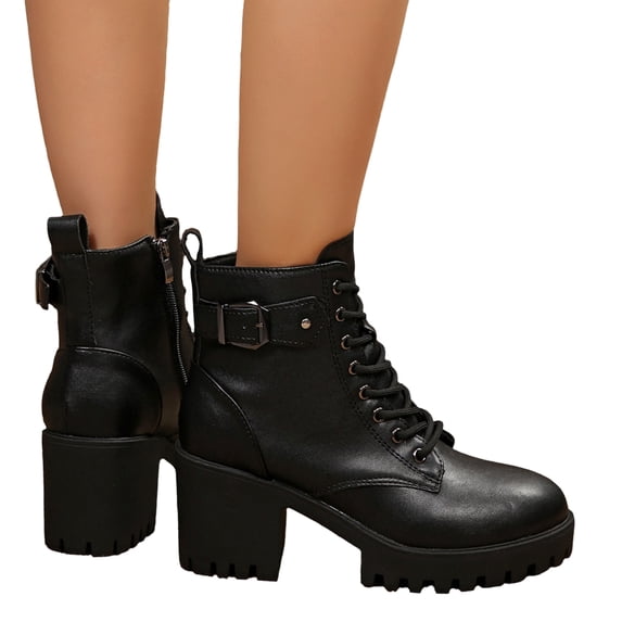 EKVAHL Women's Lace Up Platform Combat Booties, Smooth PU Chunky Block Heel Ankle Boots, Buckle Decor Nightclub Outdoor Daily Dress Boots Black
