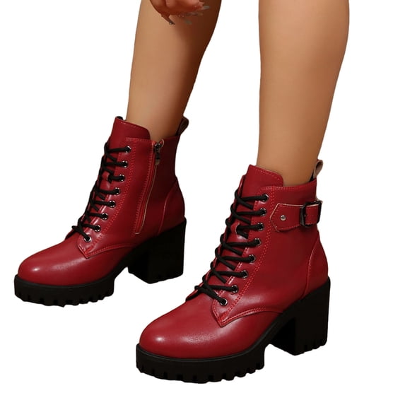 EKVAHL Women's Lace Up Platform Combat Booties, Smooth PU Chunky Block Heel Ankle Boots, Buckle Decor Nightclub Outdoor Daily Dress Boots Red