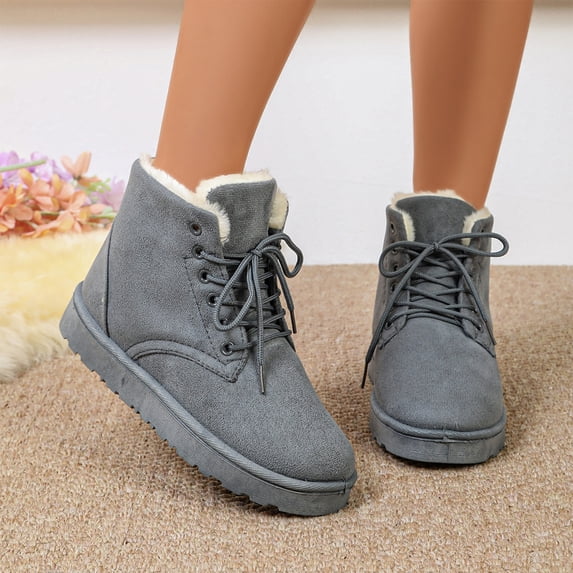 EKVAHL Women's Lace‑Up Winter Ankle Booties, Faux Fur Lined Faux Suede Boots, Warm Platform Walking Boots For Cold Weather Outdoor Wear Gray