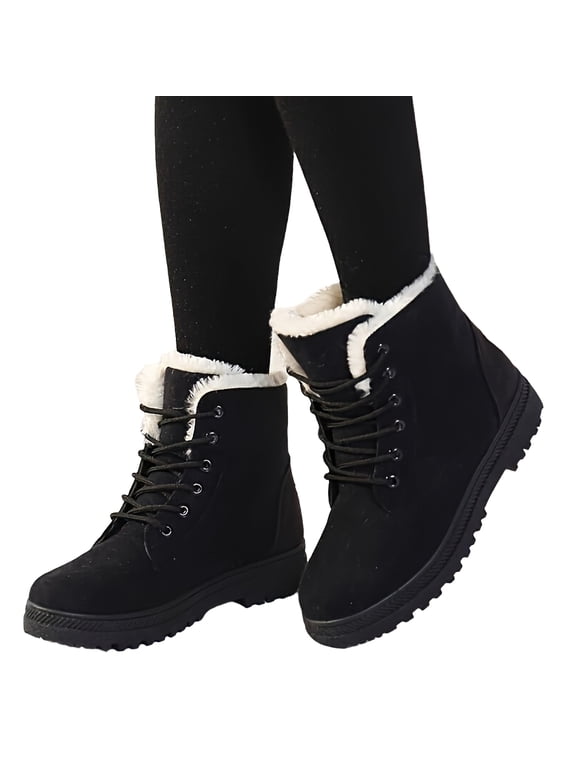 Women's Lace‑Up Winter Snow Boots, Faux Suede Walking Boots, Non‑Slip Cold Weather Outdoor Flat Casual Boots Black