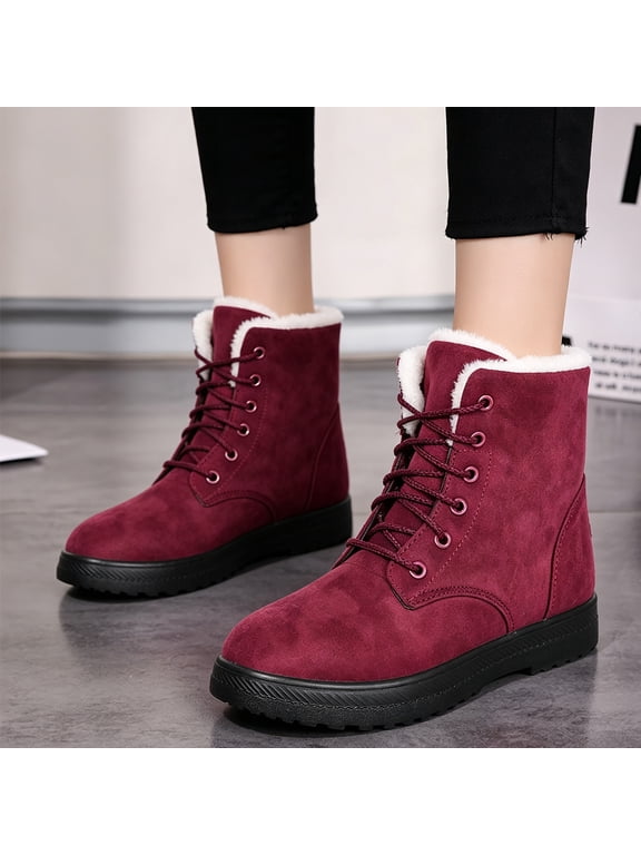 Women's Lace‑Up Winter Snow Boots, Faux Suede Walking Boots, Non‑Slip Cold Weather Outdoor Flat Casual Boots Red