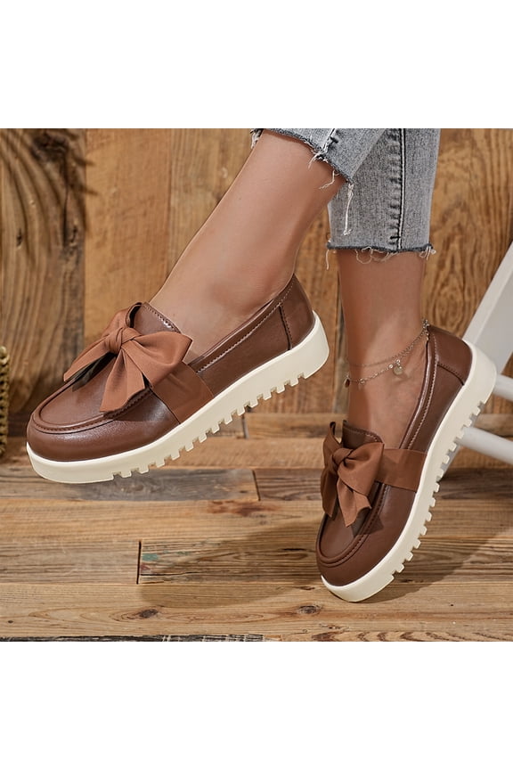 Women's Leather Bow Platform Loafers, Round Toe Slip-On Shoes, Chunky Sole Anti-Slip Daily Work Casual Daily Dress Loafers Brown