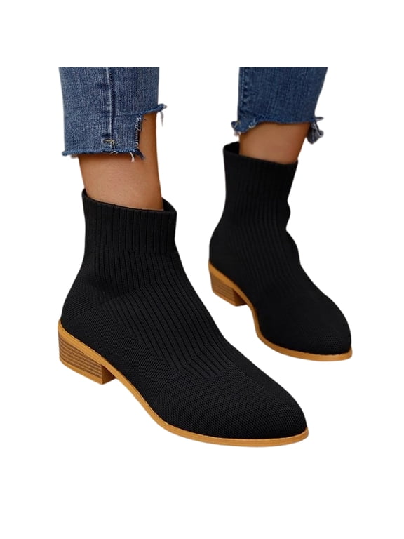 Women's Low Heel Knit Sock Ankle Booties, Stretch Knit Mid Calf Slip On Boots, Soft Knit Warm Winter Shopping Casual Daily Booties Black
