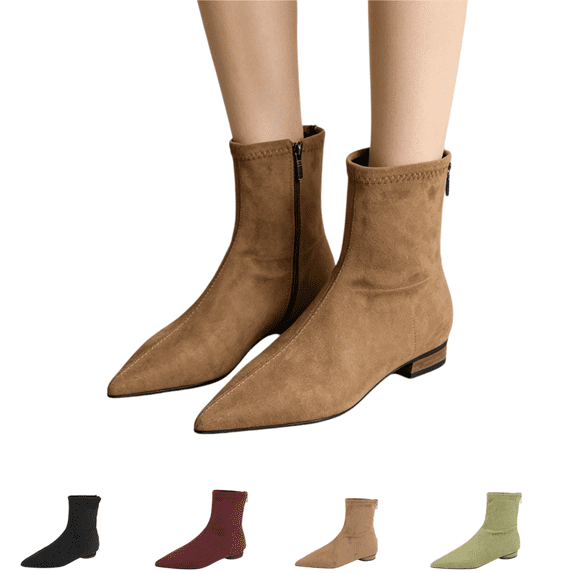 EKVAHL Women's Low-Heeled Boots Close Pointed Toe Versatile Ankle Booties Suede Slip-on Zipper Solid-Color Short Bootie Outdoor Daily Casual Shoes