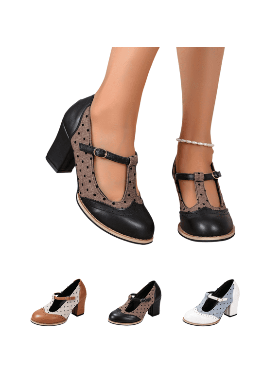 Women's Mary Jane Heels Polka Dot Round Toe T-Strap Block Heel Pumps Oxford Buckle Strap Chunky Heel Dress Office Daily Casual Shoes