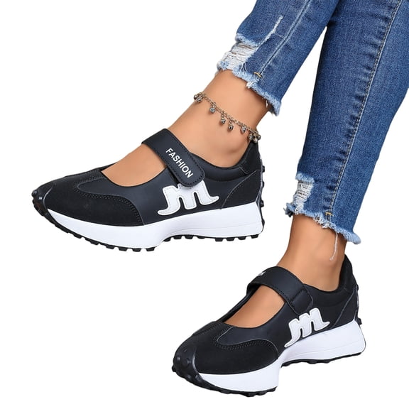 EKVAHL Women's Mary Jane Sneakers, Adjustable Strap Ballet Flats, Synthetic Retro Walking Tennis Shoes Black