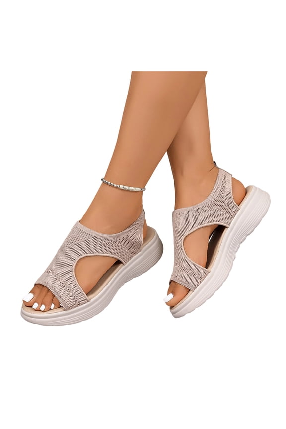 Women's Mesh Knit Platform Sandals, Open Toe Slingback Walking Shoes, Orthopedic Breathable Slip-On Summer Travel Hiking Sandals Beige