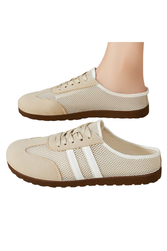 Women's Mesh Mule Sneakers, Backless Slip-On Shoes, Breathable Casual Shoes with Classic Stripe Details Beige