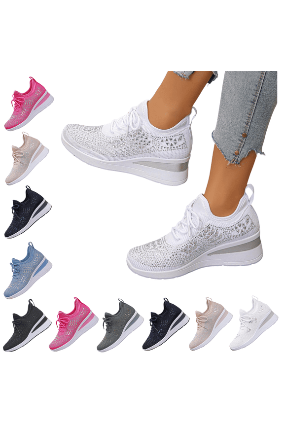Women's Mesh Rhinestone Breathable Wedge Sneakers Lightweight Casual Lace up Elastic Sock Sneakers Bling Sparkly Wedding Dressy Knitted Tennis Walking Shoes White