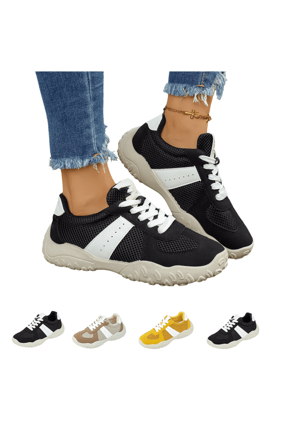Women's Mesh Running Sneakers, Color Block Lace Up Trainers, Cushioned Memory Foam Lightweight Outdoor Commute Walking Shoes Black