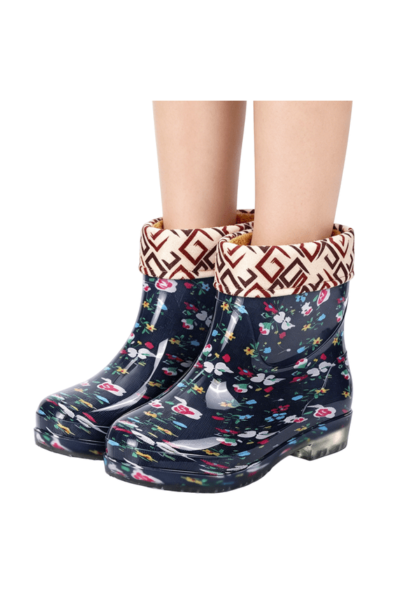Women's Mid Calf Rain Boots, Waterproof Rubber Fleece Lined Non Slip Short Booties, Floral Print Garden Outdoor Work Water Shoes Blue