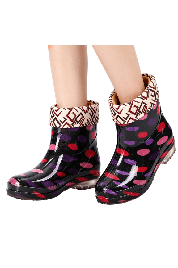 Women's Mid Calf Rain Boots, Waterproof Rubber Fleece Lined Non Slip Short Booties, Floral Print Garden Outdoor Work Water Shoes Multicolor