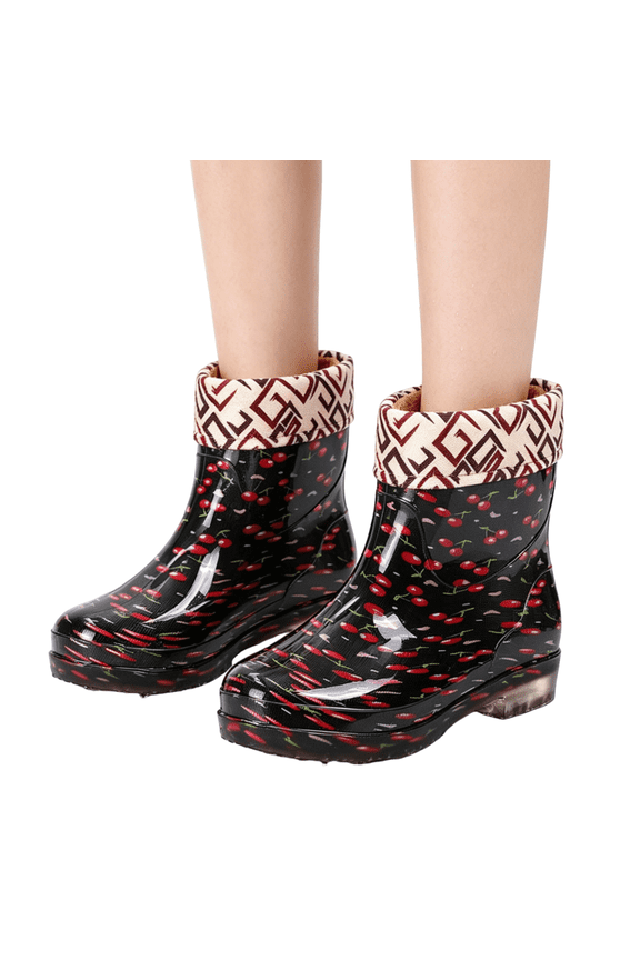 Women's Mid Calf Rain Boots, Waterproof Rubber Fleece Lined Non Slip Short Booties, Floral Print Garden Outdoor Work Water Shoes Red