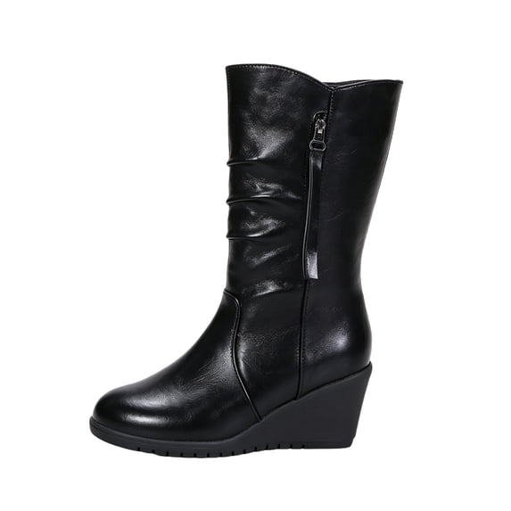 EKVAHL Women's Mid Calf Wedge Boots, Side Zipper Slouchy Dress Boots, Round Toe Platform Walking Winter Outdoor Boots Black