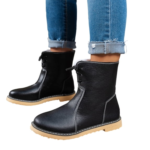 EKVAHL Women's Mid Calf Winter Boots, Non‑Slip Faux Leather Tennis Shoes, Faux Fur Lined Orthopedic Walking Booties For Cold Weather Black