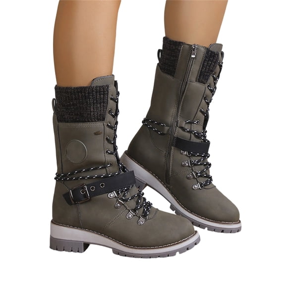 EKVAHL Women's Mid‑Calf Winter Boots, Non‑Slip Faux Suede Lace‑Up Boots, Block Heel Casual Walking Shoes For Cold Weather Green