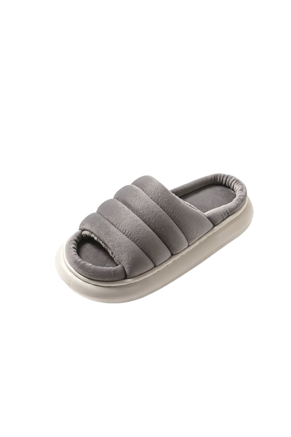 Women’s Multi Band Fluff Open Slides, Soft Plush Wide Fit Indoor Slippers, Three Strap Summer Home Sandals Gray