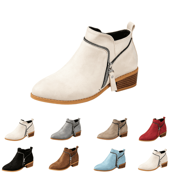 EKVAHL Women's Orthopedic Ankle Booties, Faux Suede Low Block Heel Work Boots, Pointed Toe Fall Winter Outdoor Fashion Boots Beige