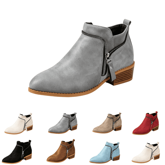 EKVAHL Women's Orthopedic Ankle Booties, Faux Suede Low Block Heel Work Boots, Pointed Toe Fall Winter Outdoor Fashion Boots Gray