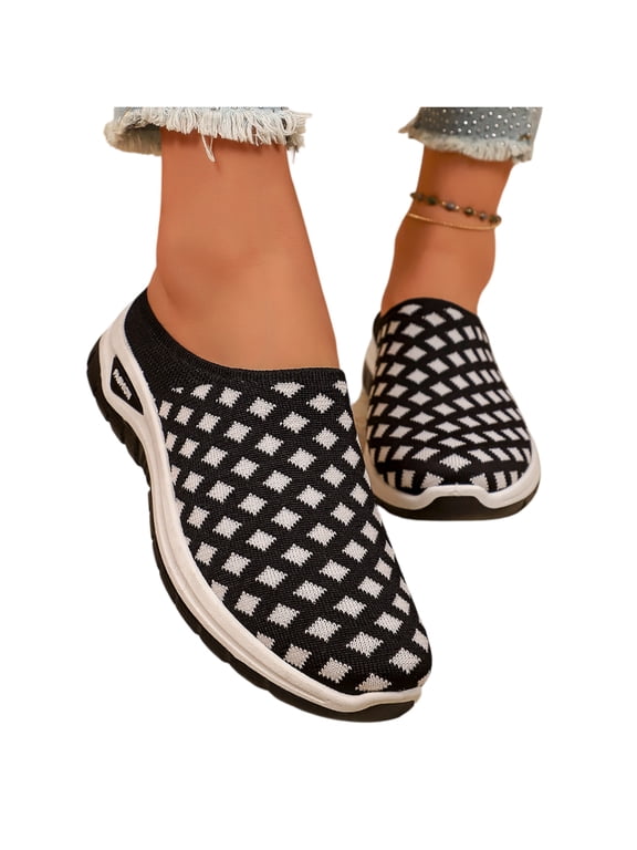 Women's Orthopedic Backless Walking Mules, Grid Knit Mesh Slip On Clogs, Wide Width Lightweight Daily Outdoor Walking Sneakers Black