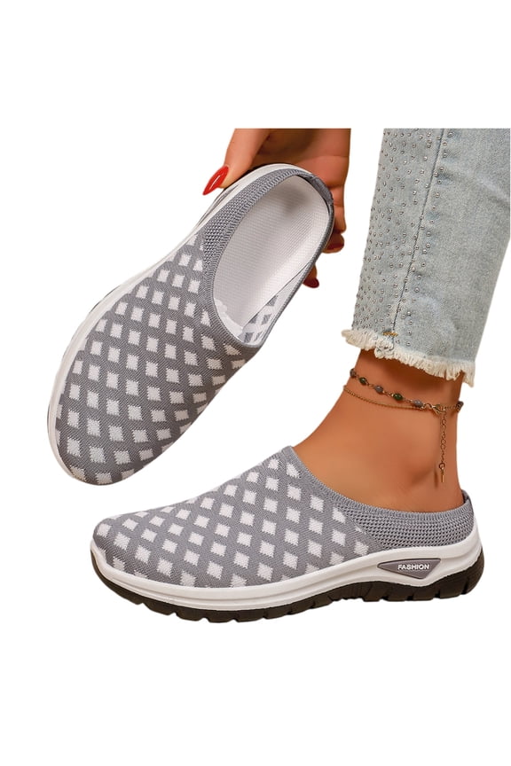 Women's Orthopedic Backless Walking Mules, Grid Knit Mesh Slip On Clogs, Wide Width Lightweight Daily Outdoor Walking Sneakers Gray