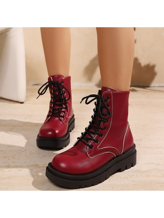Women's Orthopedic Combat Boots, Ankle Booties Walking Shoes, Lace Up Round Toe Arch Support Thick Lug Platform Outdoor Punk Daily Boots Red