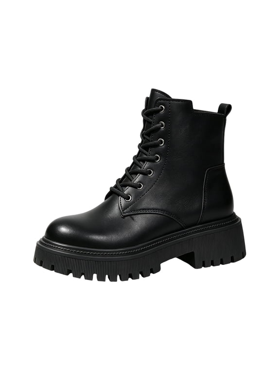 Women's Orthopedic Combat Walking Boots, Lace Up Platform Ankle Booties, Arch Support Lug Sole Outdoor Office Daily Casual Short Boots Black
