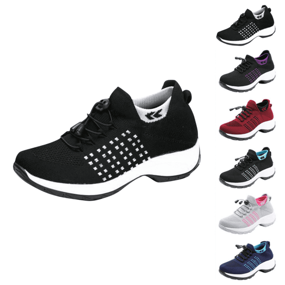 EKVAHL Women's Orthopedic Knit Sneakers, Thick Bottom Walking Shoes, Breathable Slip-On Shoes for Plantar Fasciitis Black