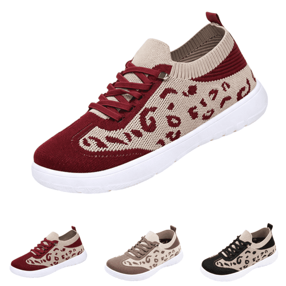 EKVAHL Women's Orthopedic Lace‑Up Sneakers, Breathable Knit Leopard Print Tennis Shoes, Mesh Non‑Slip Arch Support Lightweight Casual Walking Sneakers Red