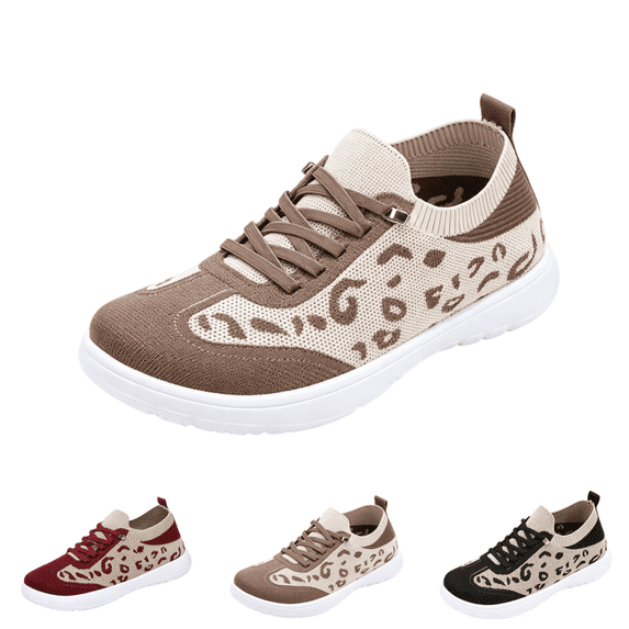 EKVAHL Women's Orthopedic Lace‑Up Sneakers, Breathable Knit Leopard Print Tennis Shoes, Mesh Non‑Slip Arch Support Lightweight Casual Walking Sneakers Brown