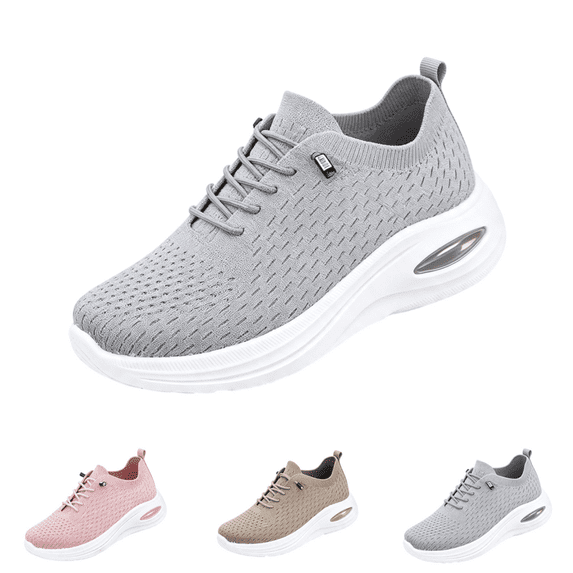 EKVAHL Women's Orthopedic Lace‑Up Tennis Shoes, Air‑Cushion Breathable Mesh Sneakers, Knit Wide Width Arch Support Gym Walking Sneakers Gray