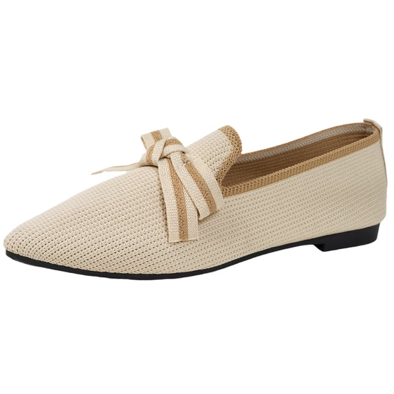 EKVAHL Women's Orthopedic Loafer Flats, Breathable Knit Slip On Ballet Shoes, Bow Pointed Toe Office Casual Shoes Beige