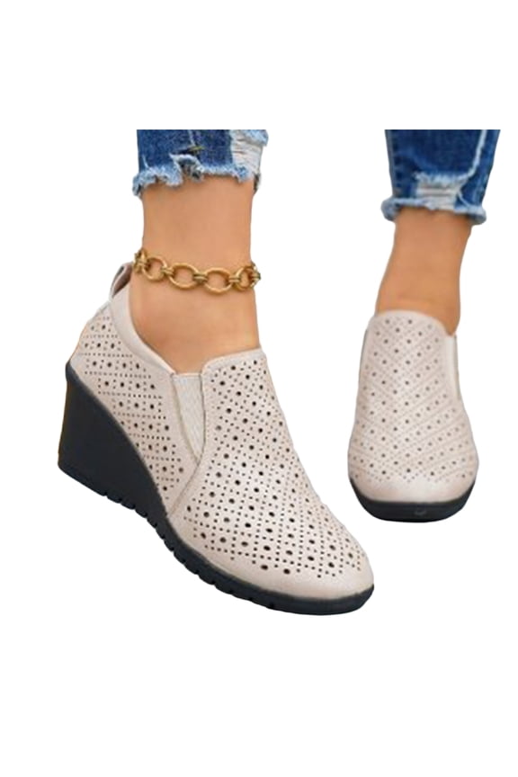 Women's Orthopedic Loafers, Wedge Slip On Platform Moccasins, Cutout Office Commute Daily Casual Walking Shoes Beige