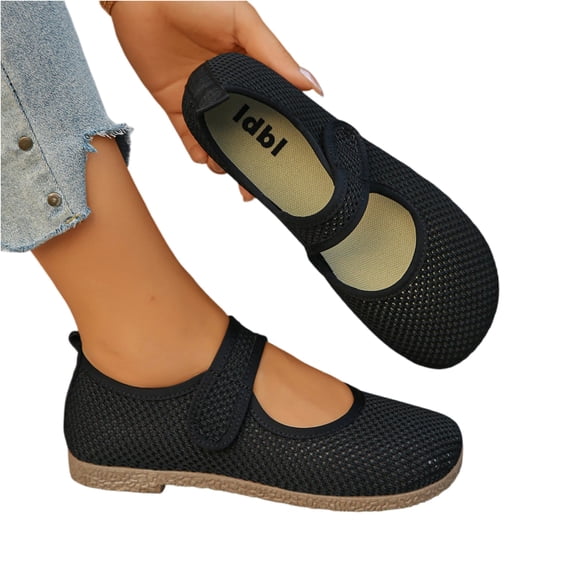 EKVAHL Women's Orthopedic Mary Jane Flats, Breathable Mesh Slip On Walking Loafers, Adjustable Hook Loop Strap Wide Width Senior Work Daily Walking Shoes Black