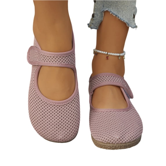 EKVAHL Women's Orthopedic Mary Jane Flats, Breathable Mesh Slip On Walking Loafers, Adjustable Hook Loop Strap Wide Width Senior Work Daily Walking Shoes Pink