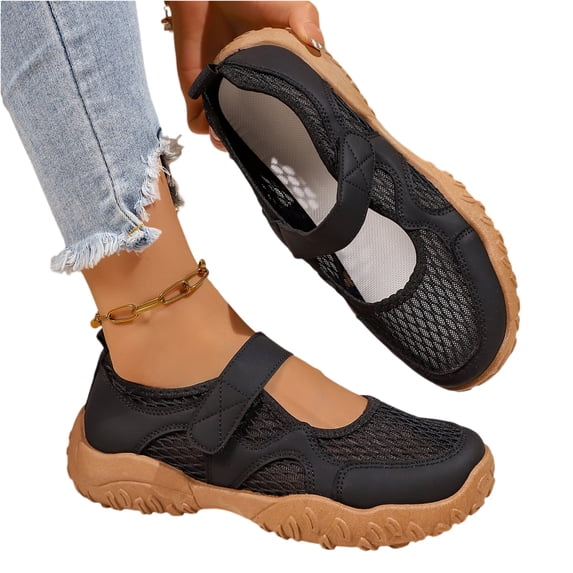 EKVAHL Women's Orthopedic Mary Jane Sneakers, Hollow Mesh Adjustable Strap Walking Shoes, Wide Toe Box Outdoor Nurse Tennis Shoes Black