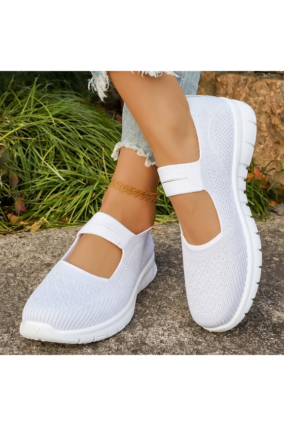 Women's Orthopedic Mary Jane Walking Flats, Knit Mesh Slip On Loafers, Arch Support Lightweight Nurse Work Daily Casual Walking Shoes White