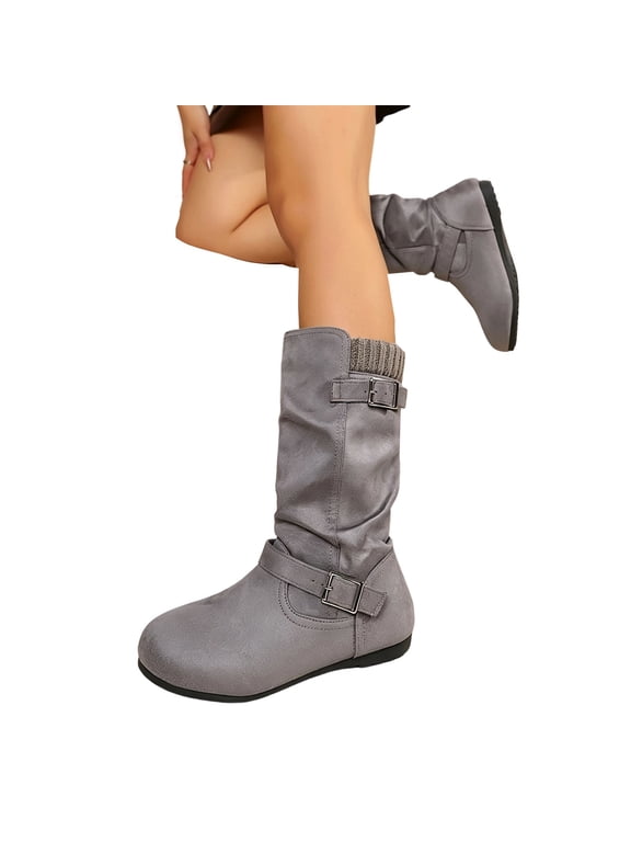 Women's Orthopedic Mid Calf Boots, Faux Suede Soft Touch Daily Booties, Slouchy Flat Buckle Strap Slip‑On Practical Tall Shoes Gray