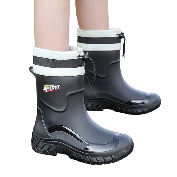 EKVAHL Women's Orthopedic Mid Calf Rain Boots, Drawstring Wide Calf Rubber Booties, Waterproof Adjustable Top Hiking Yard Daily Rain Shoes Black