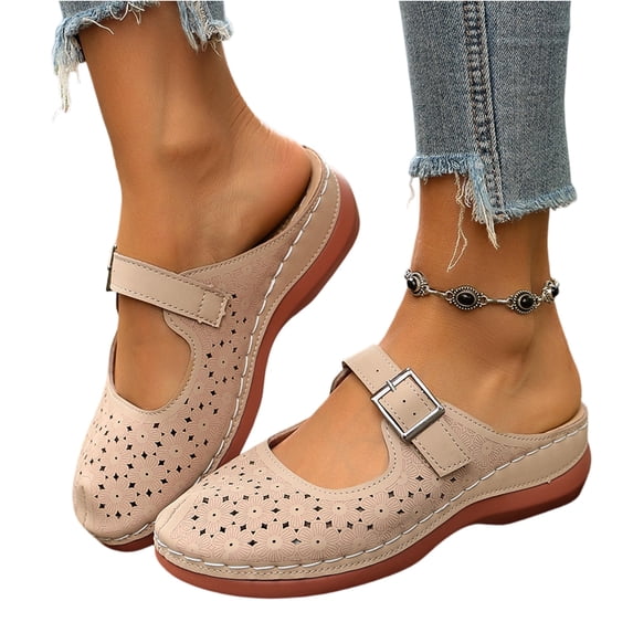 EKVAHL Women's Orthopedic Mule Clogs, Slip On Slides Walking Shoes, Perforated Faux Leather Arch Support Adjustable Buckle Outdoor Summer Casual Shoes Beige