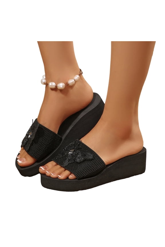 Women's Orthopedic Platform Flip Flops, Mesh Butterfly Decor Thong Slides, Wide Width Arch Support Vacation Sandals Black